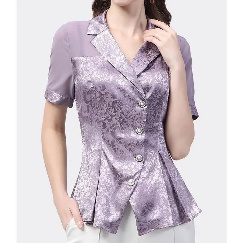 Office Lady Solid Patchwork Button Chiffon Shirt Summer 2023 New Notched Collar Short Sleeve Slim Cardigan Tops Women\'s Clothing