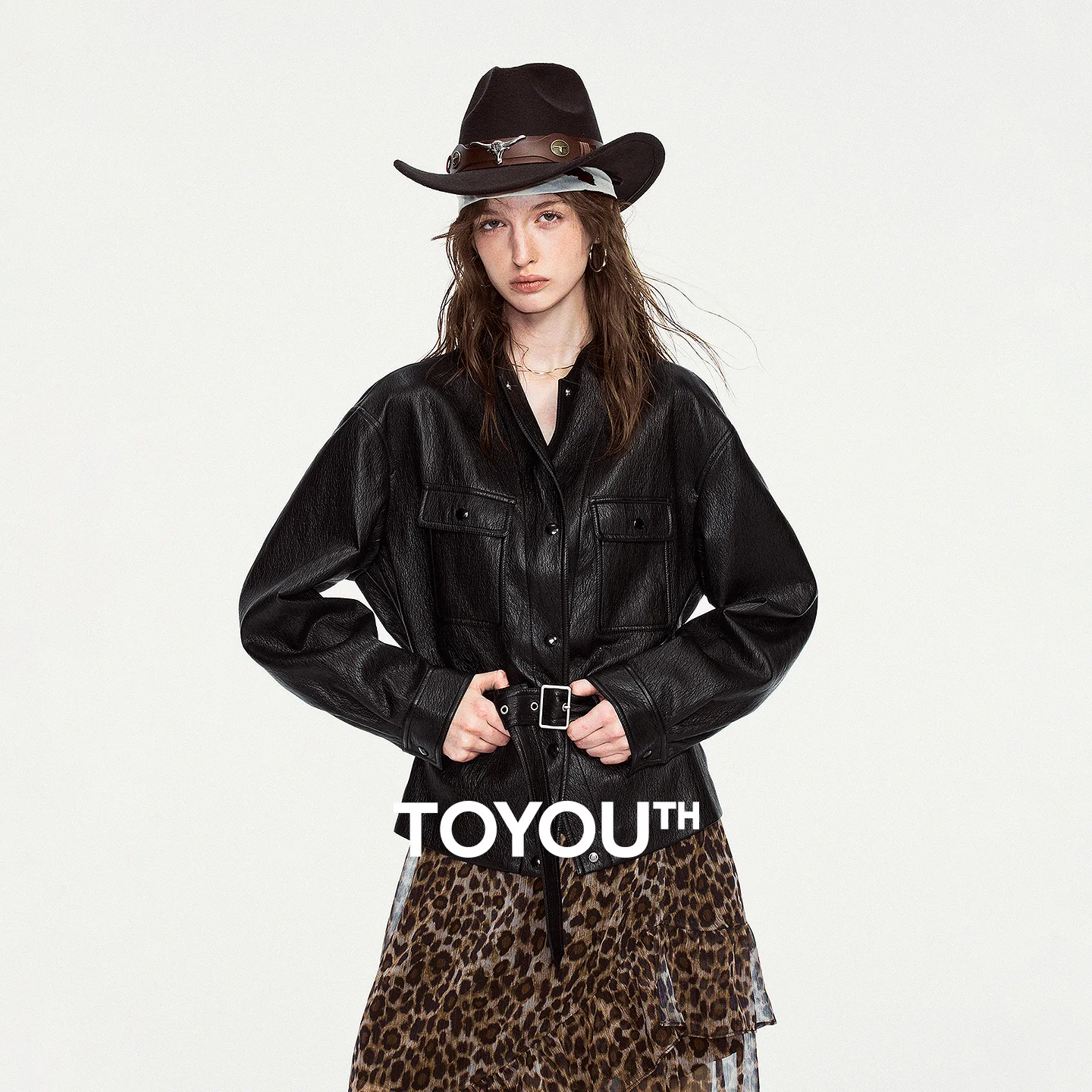 TOYOUTH Women Faux Leather Jacket 2026 Winter New Shirt Style Cinched Waist Cargo Pocket Loose Urban Nomad Outerwear