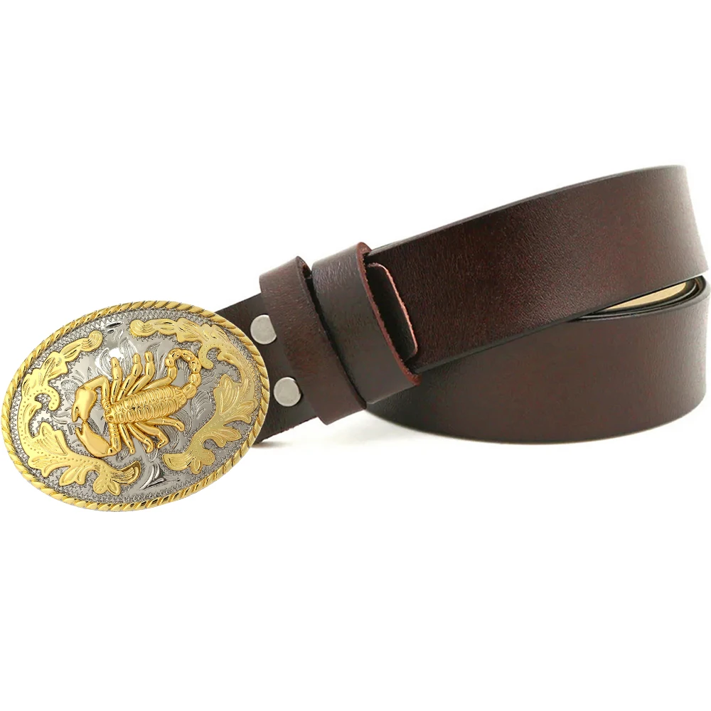 

Genuine Leather Mens Belts Long with Oval Gold Scorpion Pattern Buckles Head Luxury Male Gifts New