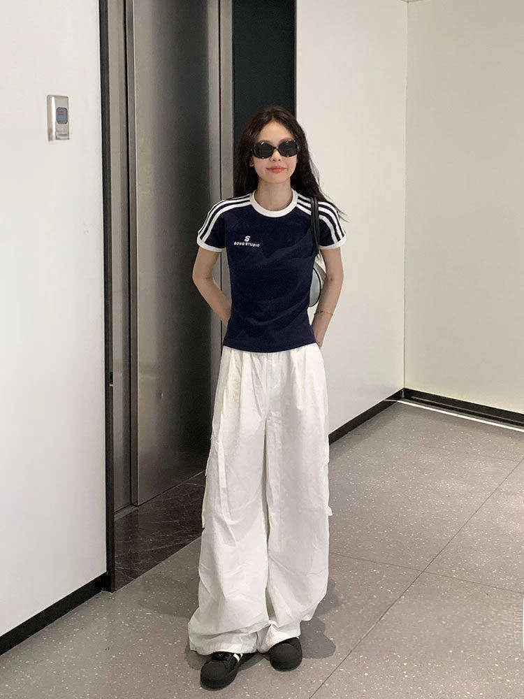 White Casual Work Pants Women's Summer 2025 New Multi-Pocket Loose Trousers Wide Leg Pants for Short Women Commute Style