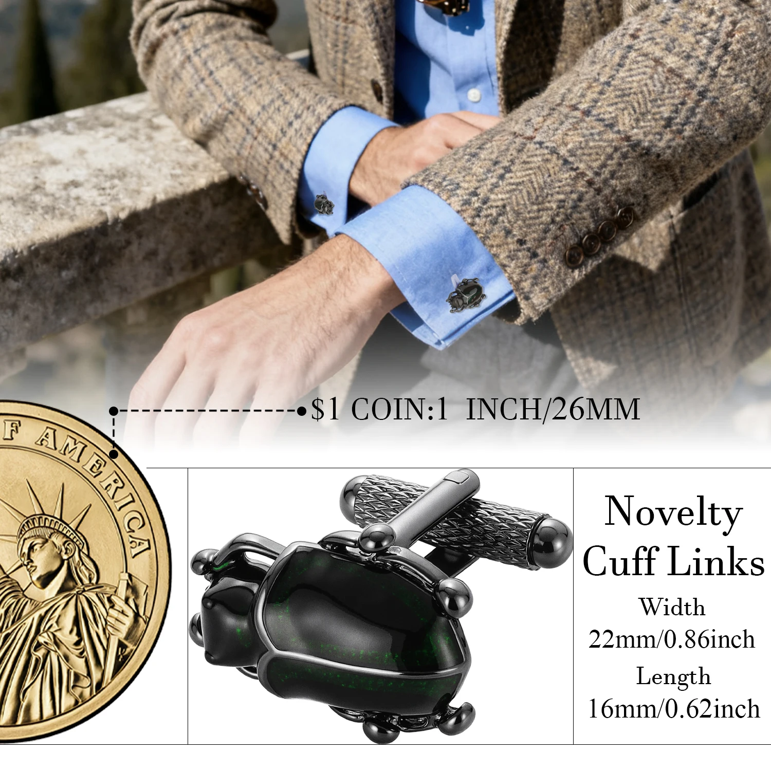 Hawson Scarab Beetle Cuff Links Men's Black Green Enamel Cufflinks Novelty Insect Style Tie Accessory for Party Formal Shirts