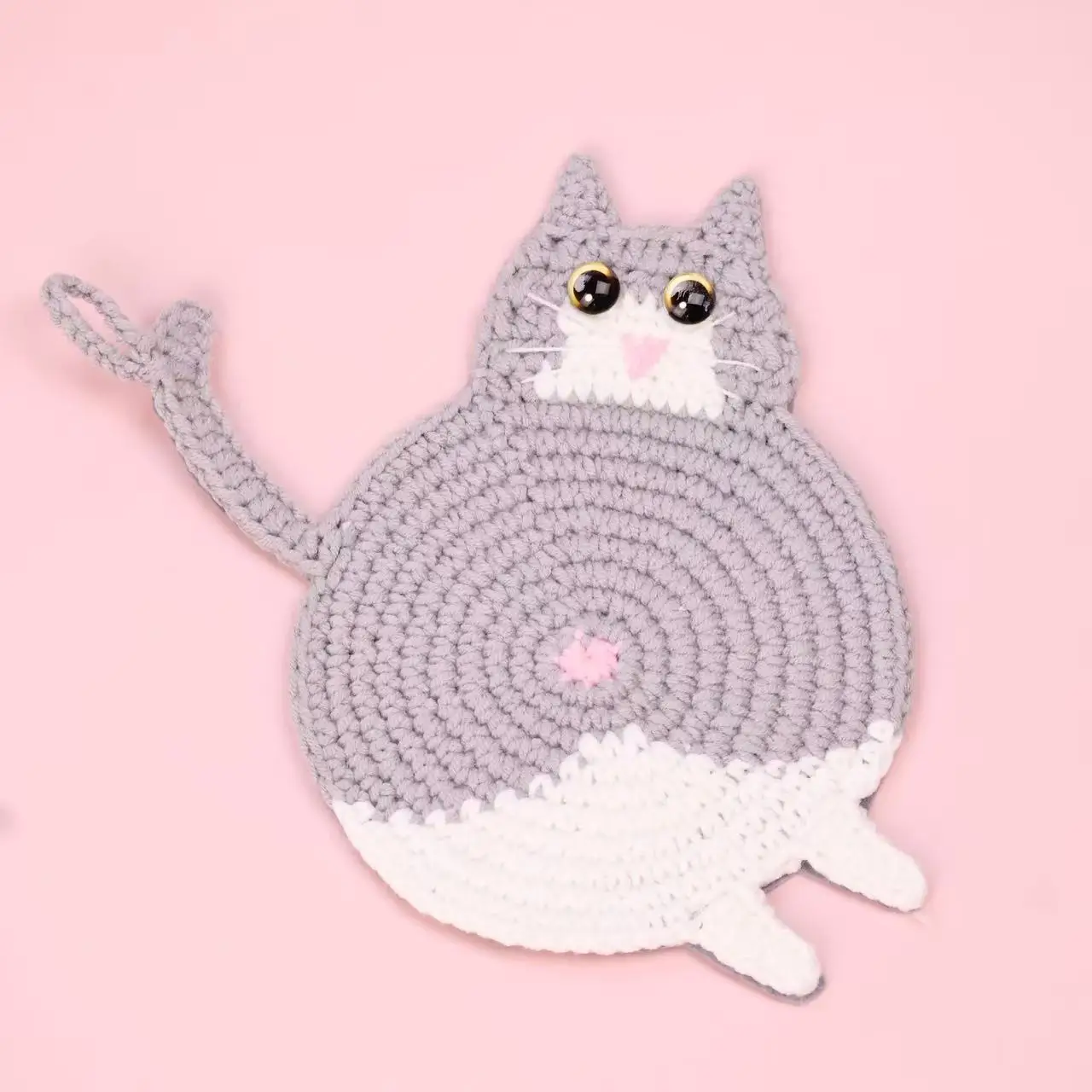 Kreative Häkel-Katzen-Tasse, handgefertigte gestrickte Tier-Kaffeekissen, niedliche Katzen-Tassenunterlage, Schreibtischdeko – Detail 5