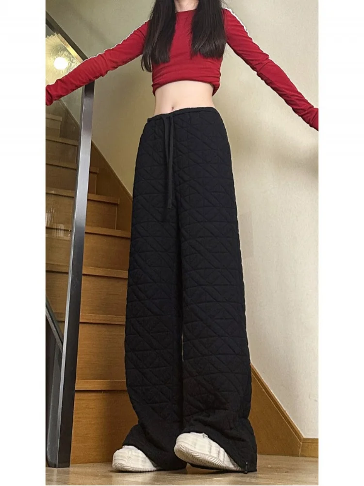 

Зимние хлопковые брюки прямого кроя, свободные повседневные теплые брюки с ромбовидным узором, молодежные модные трендовые повседневные брюки для подростков