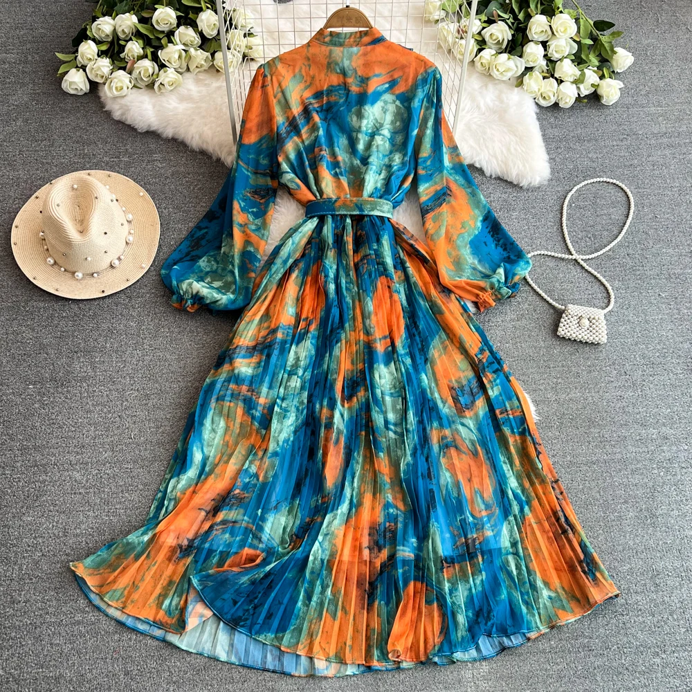 Summer Long Chiffon Dress for Women Elegant Ruffle Ruched Bust Full Sleeve Pleated Boho Vestidos Tie Dye Holiday Chic New In