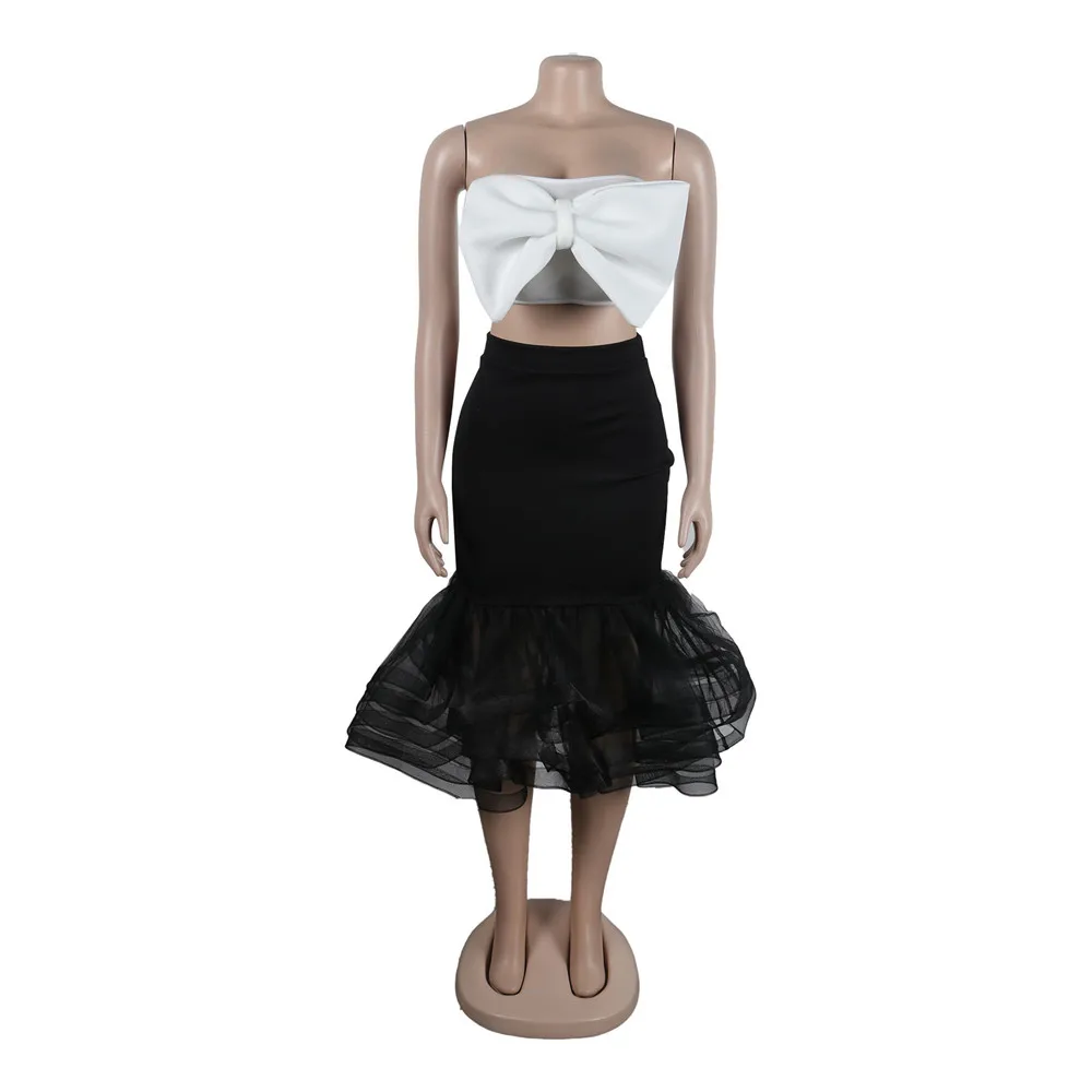 SKMY Sexy Slim Fit Contrast Color Bra Bow Mesh Patchwork Wrap Hip Skirt 2 Piece Sets Women Outfit Party 2023 Autumn New Arrival