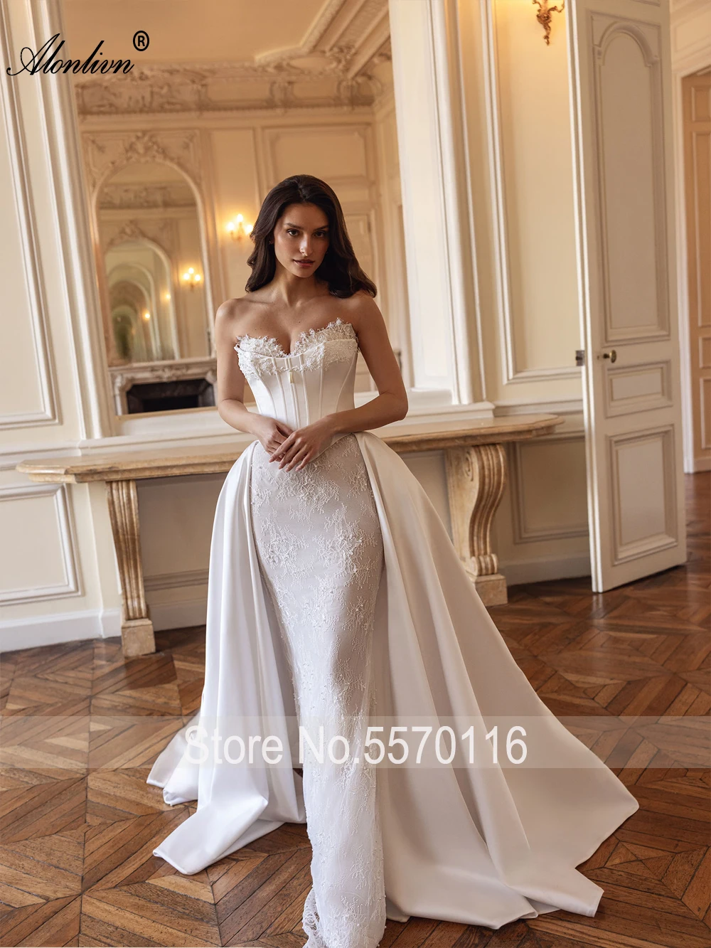 Alonlivn مخصص خمر 2 في 1 حورية البحر فساتين الزفاف الجمال مطرز اللؤلؤ يزين الدانتيل الحبيب البوق فساتين الزفاف