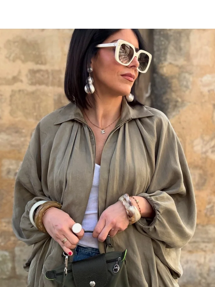 Pleated Jackets For Women Turn Down Collar Lantern Long Sleeves Bomber Thin Coats Female 2025 New Chic Spring Summer Streetwears