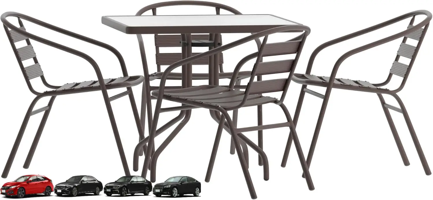 

Flash Furniture TLH-0732SQ-017CBZ4-GG Lila 31.5'' Square Glass Table with 4 Metal Aluminum Slat Stack Chairs, Bronze
