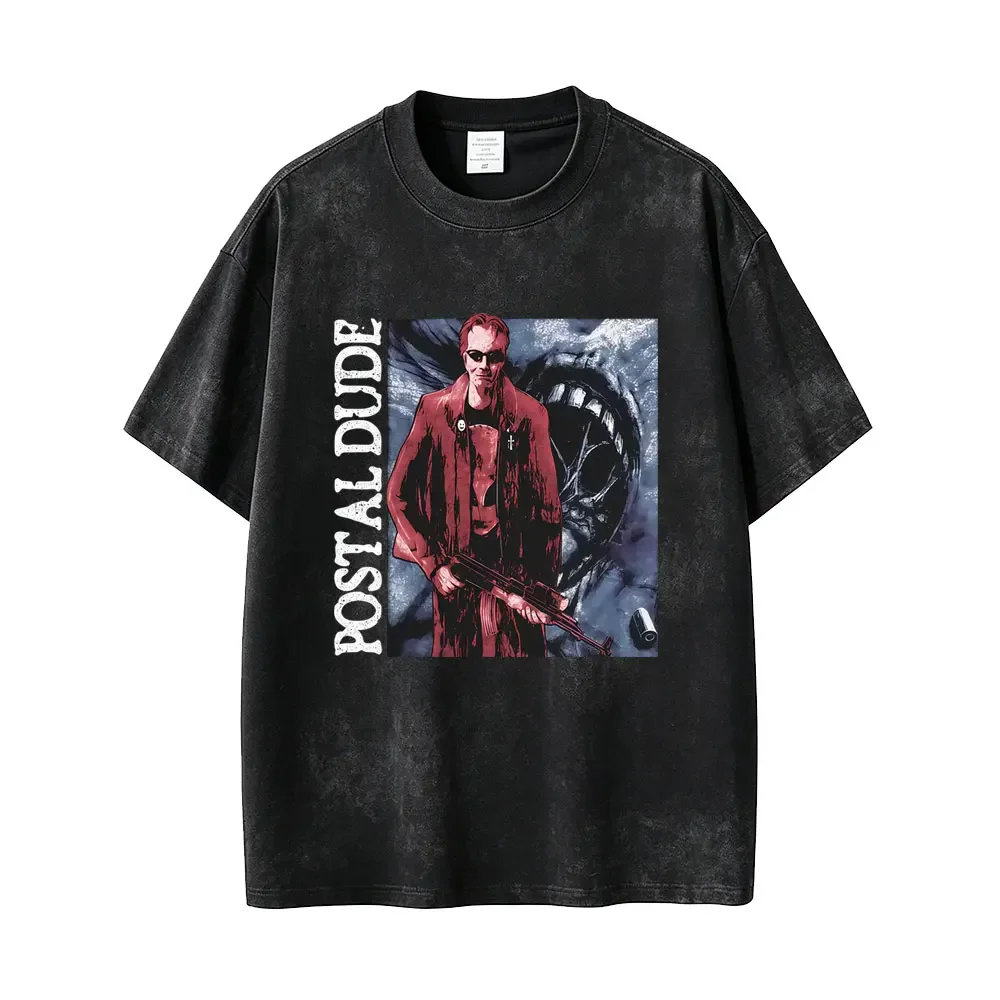 Postal Dude I Regret Nothing Vintage Washed T-shirt Men Women Horror Gothic Rock T Shirts Men's Casual Retro Oversized T-shirts