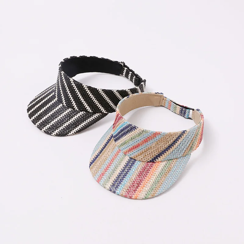 Summer Women Straw Sun Hat Wide Brim Beach Visor Hats Breathable Polyester Empty Top Cap Anti-UV Adjustable Sunscreen Chapeau