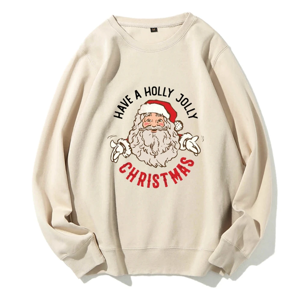 Have A Holly Jolly Christmas Soft Sweatshirt Cartoon Santa Claus Christmas Winter Round-Neck Long-Sleeve Sweater Festive Season