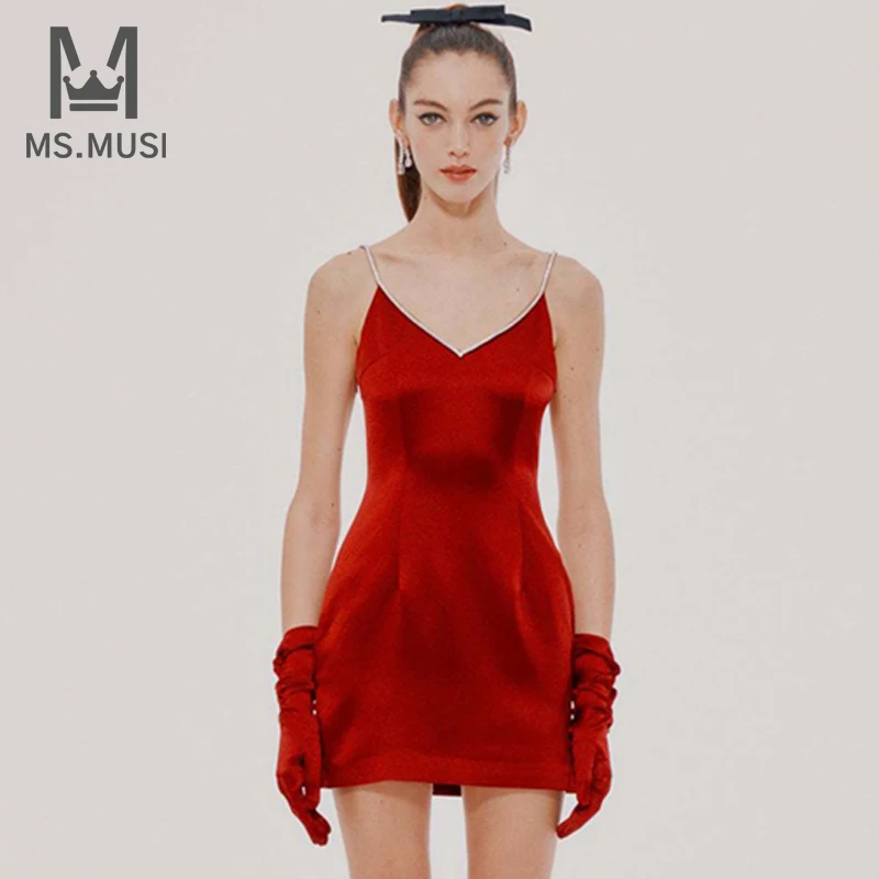 

MSMUSI 2022 New Fashion Women Sexy Red Strap Crystal Sleeveless Lace Up Bow Mesh Backless Party Club Event Bodycon Mini Dress