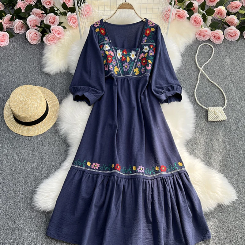 Primavera/estate donna viaggio vacanza abito lungo Vintage stile etnico bohémien vita ricamata legare abito in cotone e lino muslimah