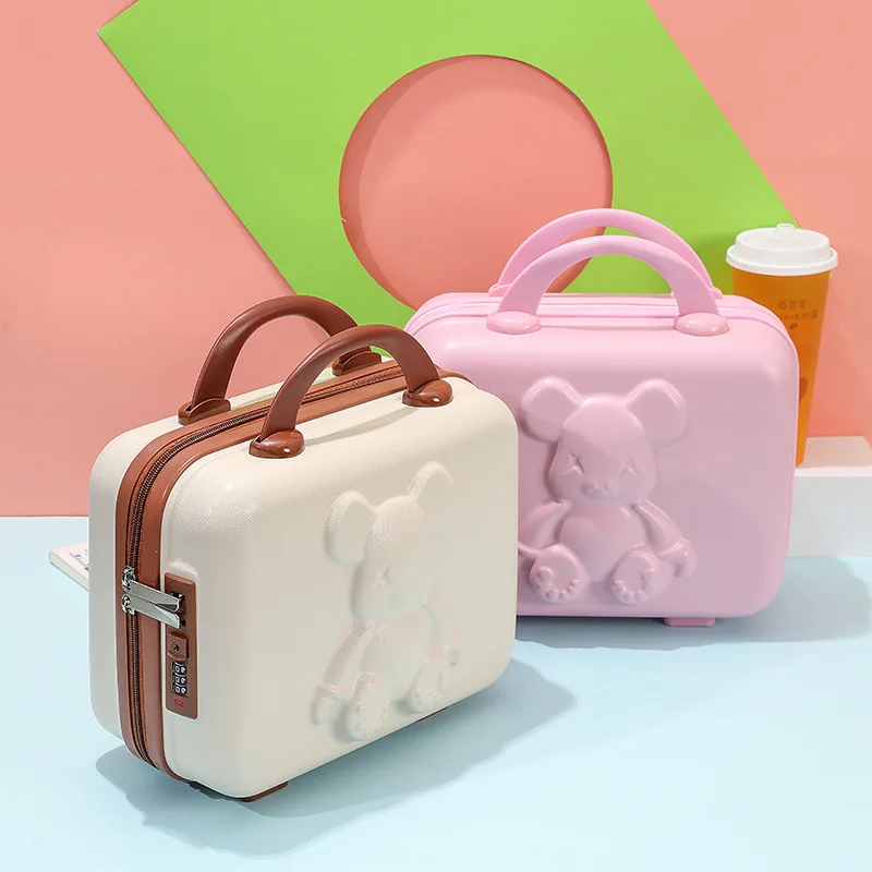 Kids Suitcase Makeup Box 14 Inch Cartoon Cute Teddy Bear Password Box Girls Mini Hand Gifts Carrying Rolling Luggage Handbag