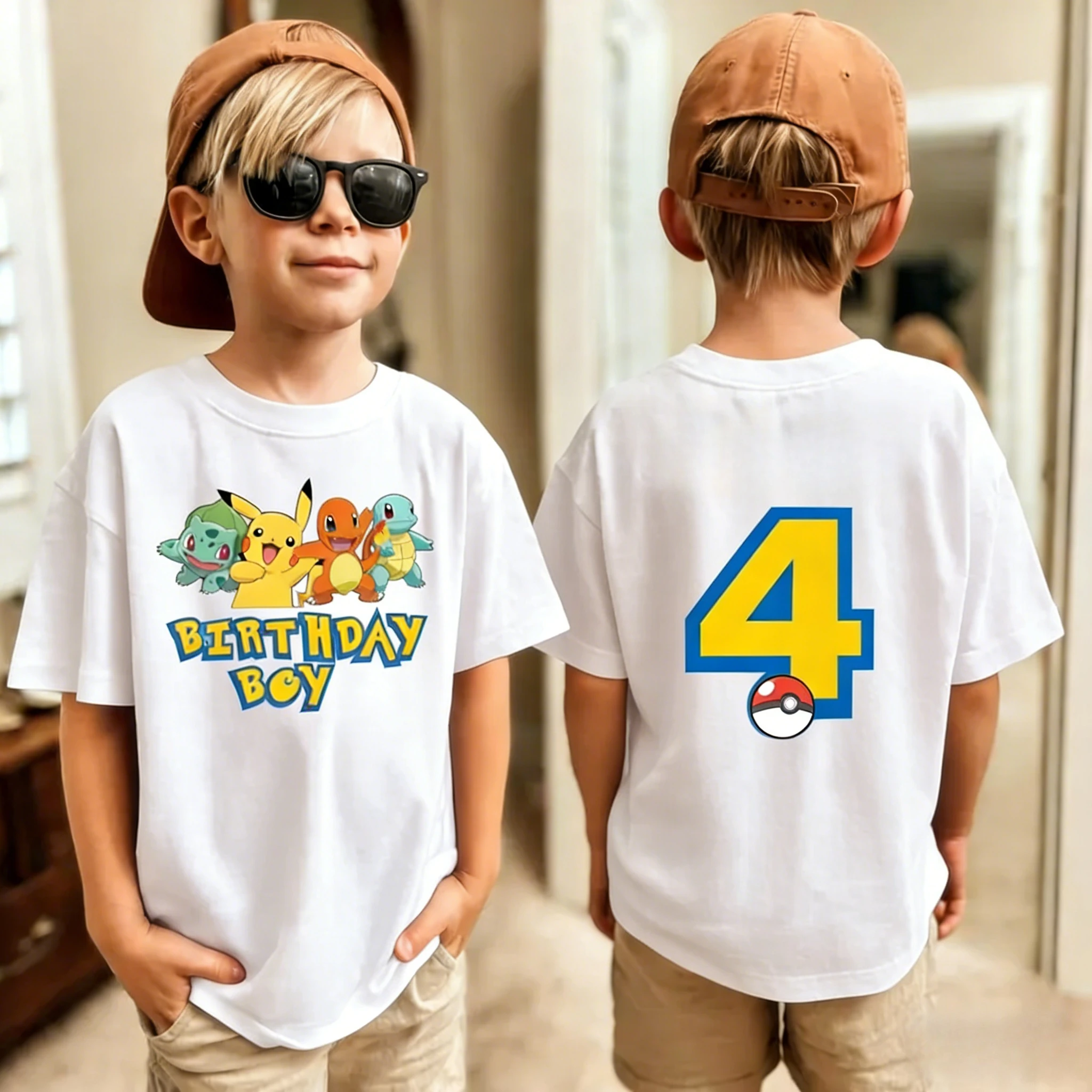 Birthday T-shirt Cute Pikachu Pokémon 3-9 Printed T-Shirt Unisex Summer Y2K Harajuku Loose Short Sleeve Parent-child Clothing