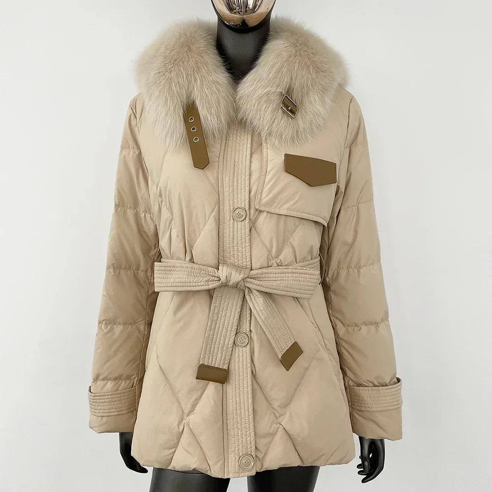 

White Duck Down Jacket Fashion Thickened Warm Jacket Women Autumn Winter Real Fur Coat Real Fur Down Lace-up with Fox Fur Collar