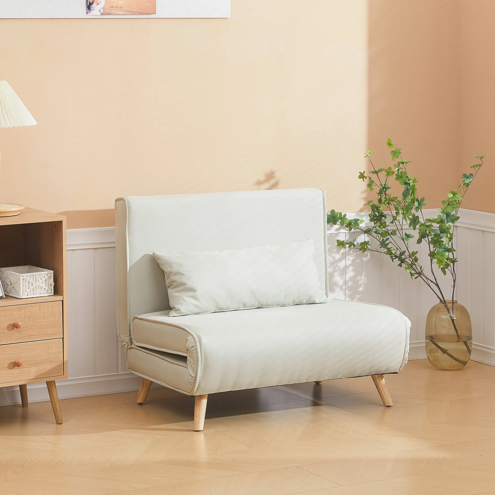 Canapé-lit simple HOMCOM, canapé-lit pliant, dossier réglable, chaise longue, style nordique scandinave, mousse 25D, effet lin, bois d'hévéa, crème blanc/noir, 94x78x80 cm