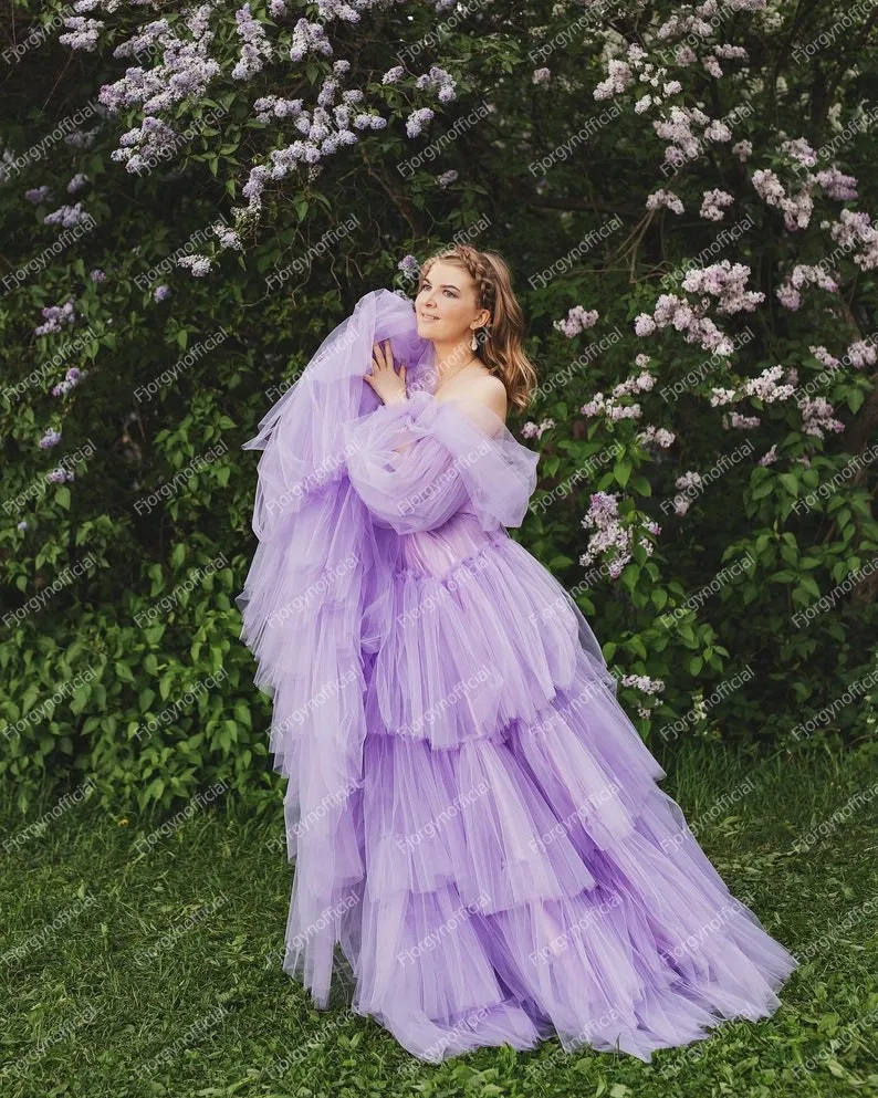 Chic Long Puffy Tulle Evening Dresses Cap Long Sleeves Tiered   Ruffles Princess High Waist Women Lavander Prom Dressing Gowns