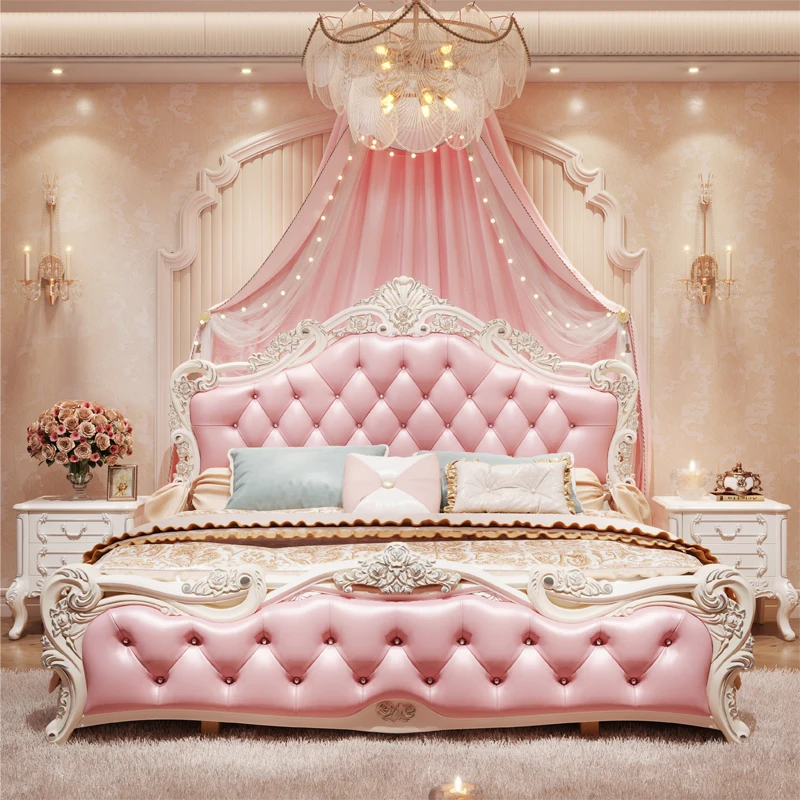 

Aesthetics Minimalist Bed European High Quality Princess Leather Frame Bed Pink Modern Confortable Cama Casal Nordic Furniture