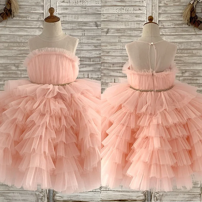 

Pink Baby Girl Birthday Dress Tulle Fluffy Flower Girl Dresses For Weddings Kids Princess Ball Gown Lush Dresses For Girls