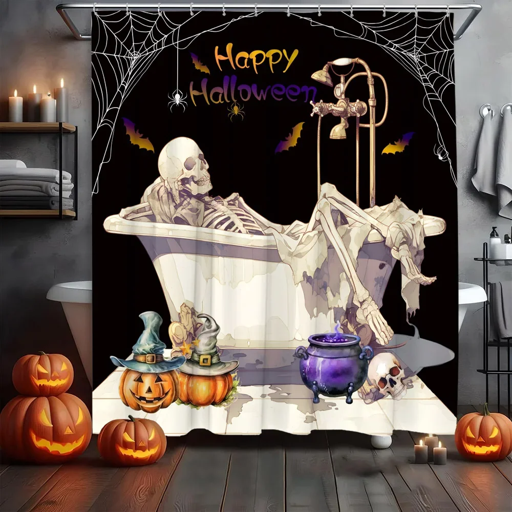 

Halloween Shower Curtain Spooky Pumpkin Castle Scary Bat Cat Candle Cobweb Elf Home Polyester Fabric Bathroom Decor Curtain Set