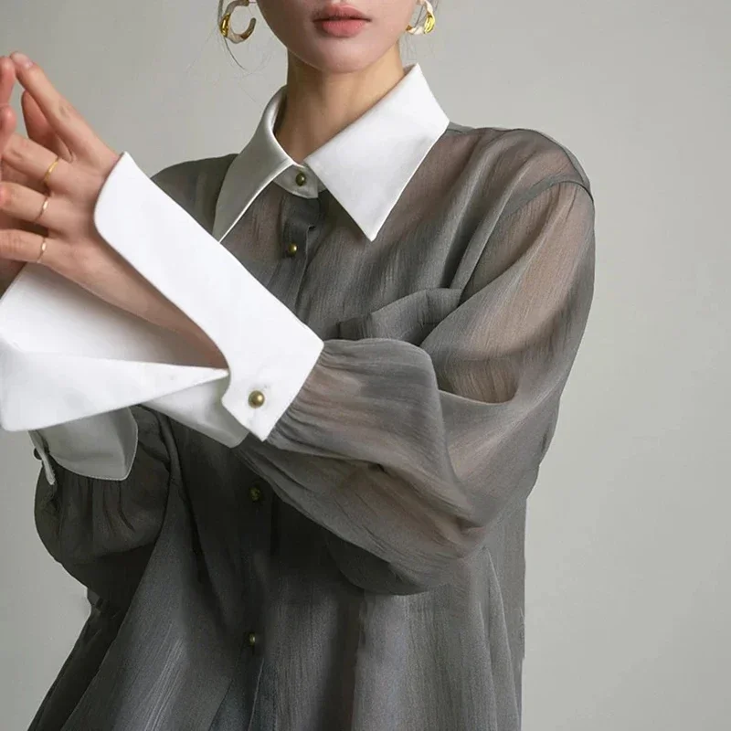 French Luxury Vintage Sheer Chiffon Shirt Women Grey Loose Fit Long Sleeve Blouse Contrast Collar Gold Button Elegant Tops 2025