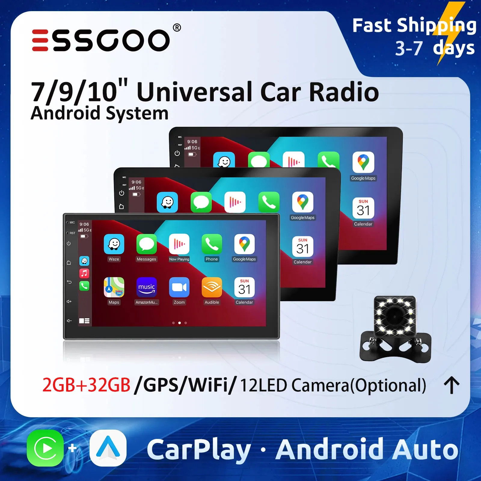 ESSGOO Kabelloses Carplay Autoradio Android Auto 2 Din Autoradio Universal 7" 9"" 10"" Multimedia-Player 2GB 32GB Autoradio"