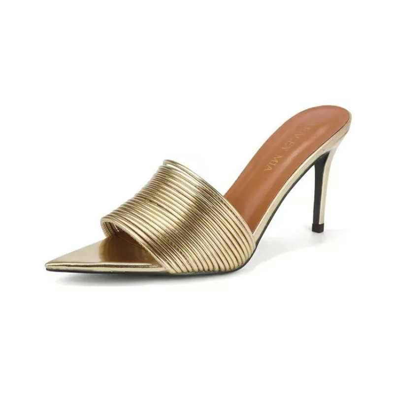 Aphixta Damen-Slipper mit spitzer Zehenpartie und hohem Absatz, goldfarben, transparent, Stiletto-Slipper, Sommer-Party-Hochzeitsschuhe, 10 cm hohe Absatz-Slipper