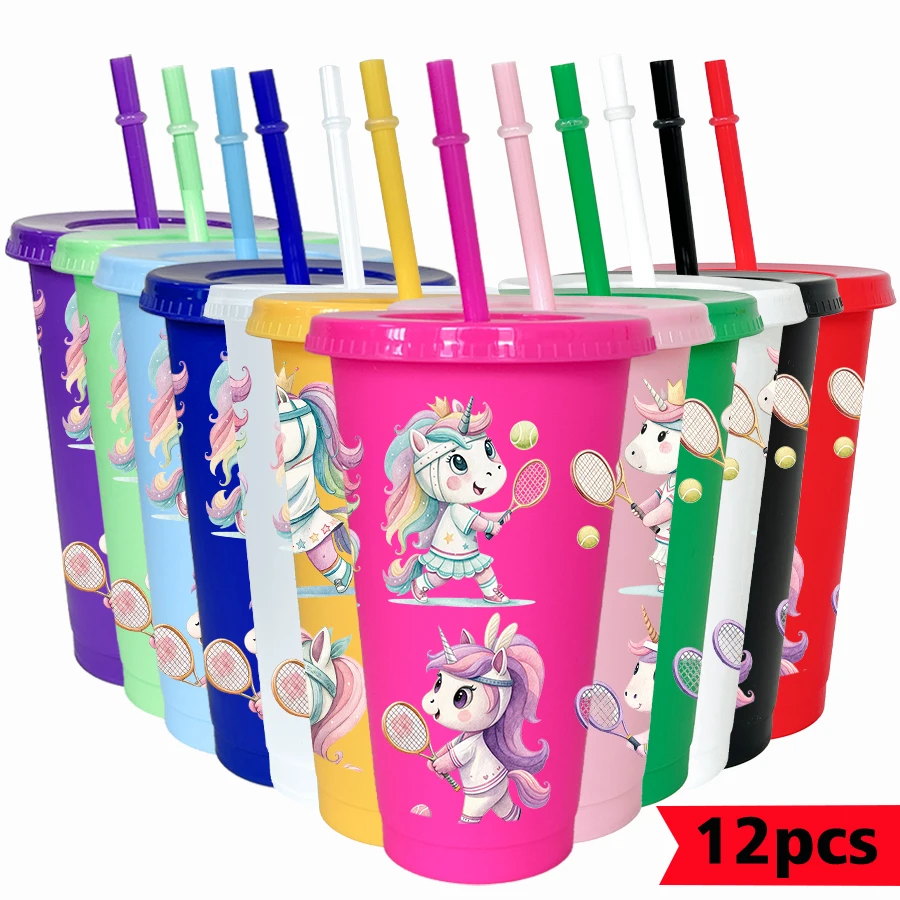 12個セット-ユニコーンテニス柄-26オンス-カラフルプラスチック製パーティーコールドカップ-新学期-誕生日プレゼント-ゲームデー-ドリンクウェア