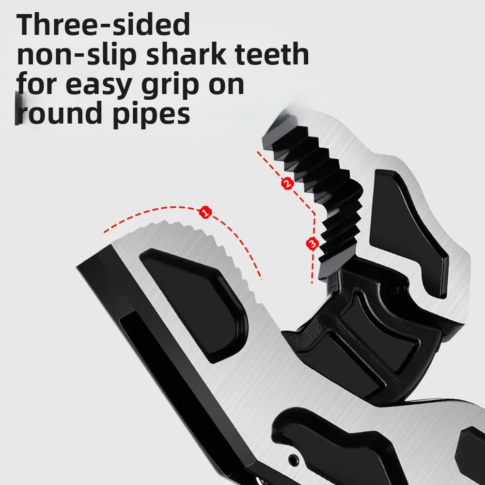 Self Adjusting Steel Pipe Wrench with Double Sided Teeth for Enhanced Grip Control and Time Saving Use on Damaged Nuts and Bolts