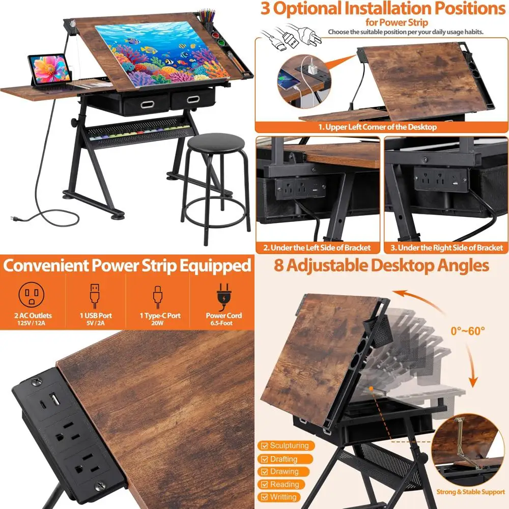 مكتب فنان قابل للتعديل مع مخرج طاقة، وطاولة رسم مائلة، ودرجين تخزين، ومقعد للفن والصياغة