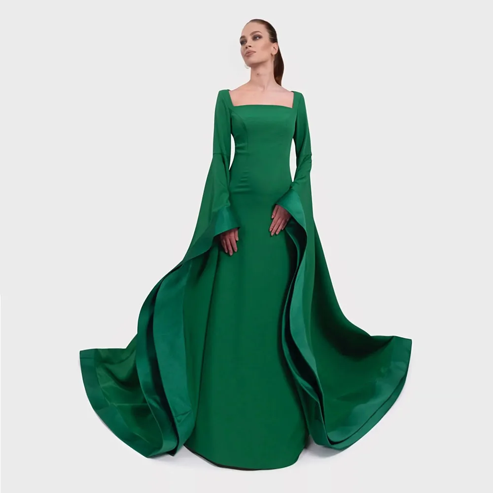 

Customized Saudi Dress Trumpet Long Sleeves Square Collar Floor Length Evening Dresses Green Wedding Party Dress