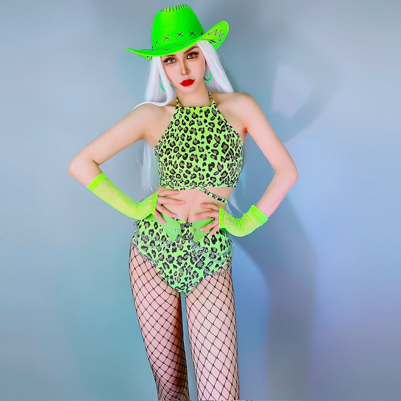 Green Leopard Gogo Dance Costume Female Jazz Dancewear Nightclub Dancing Clothes Rave Outfit Girls Gruop Dance Wear YS3690