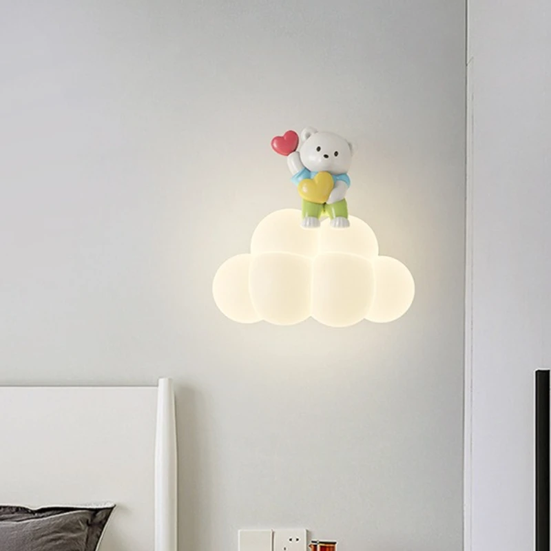 Cute Bear Cloud Wall Lamp LED Kids Room Bedside Acrylic Lampshade Soft Lights Indoor Lighting Fixture Bedroom Hallway Home Decor