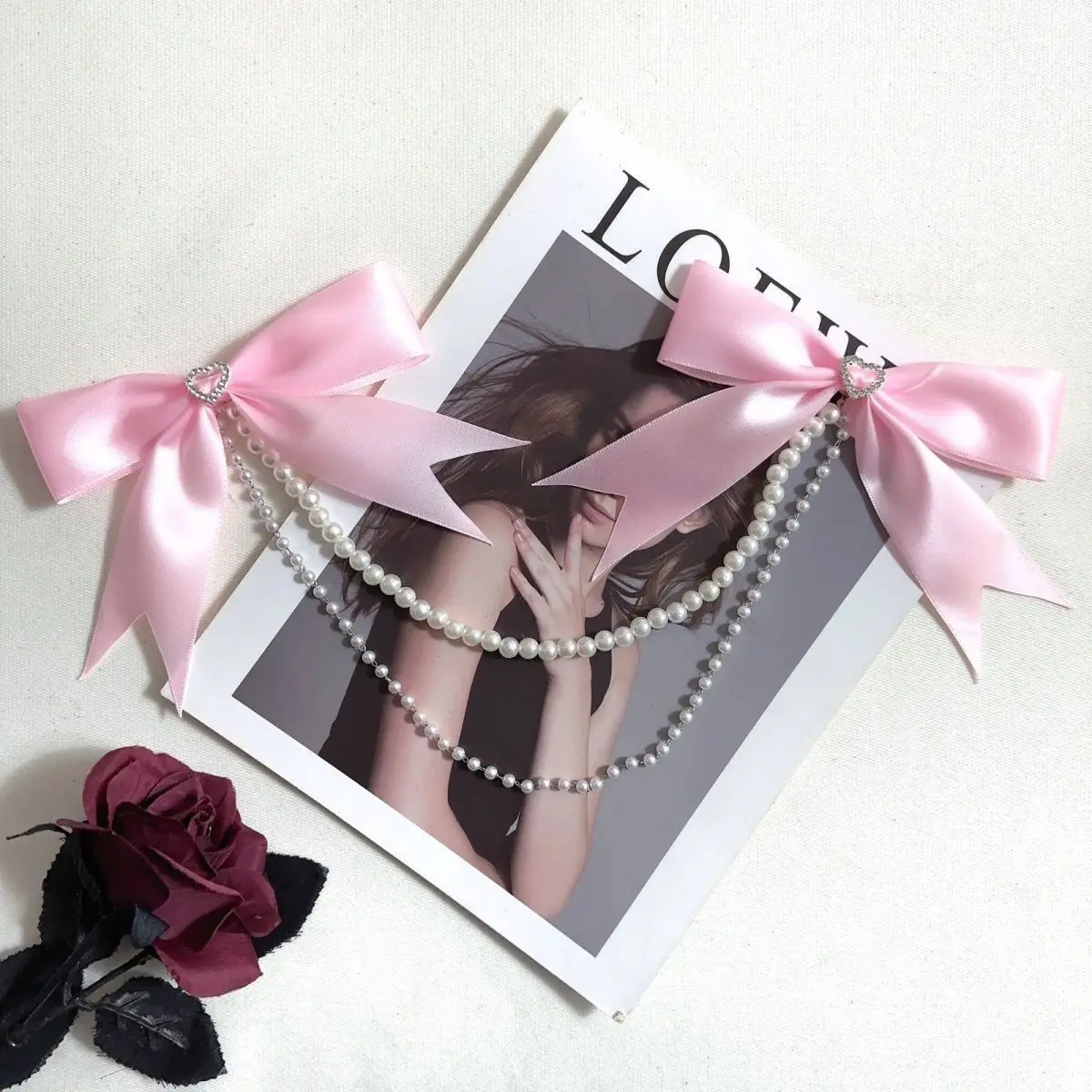 Lolita Ita Bag Bow Pearl Necklace Hand Made Double Layer Chain Ribbon Knot Bag Charm Itabag Decorative Chain
