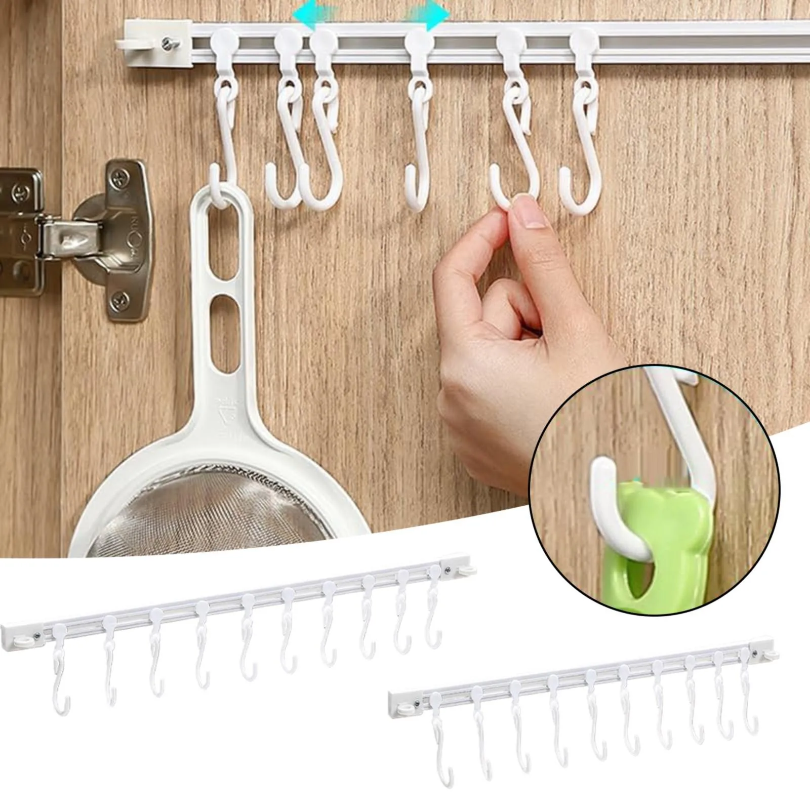 

Multifunctional Slide Rail Hook Key Hook Track Wall Mounted Utensil Rack With 10 Hooks No Drilling Kitc Hanging Rack Hanger