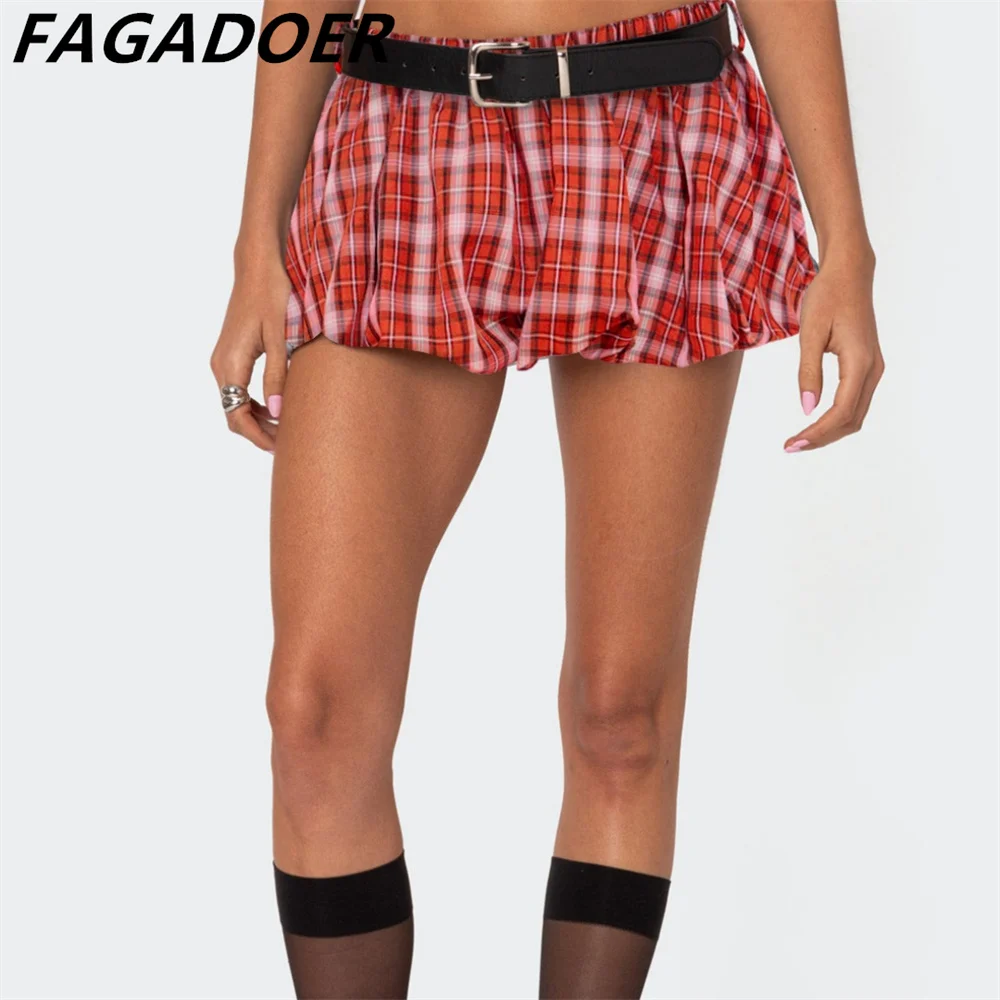 FAGADOER Y2K Sweet Plaid Bubble Puffy Mini Skirts Women Fashion High Waist Ruched Skirts Hot Girl Street Wear Basic Bottoms New