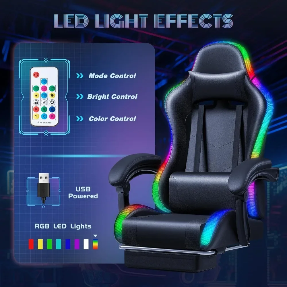 Gaming Chair with RGB LED Lights, Video Game Chair with Footrest and Massage Lumbar Support, High Back Reclining image 4