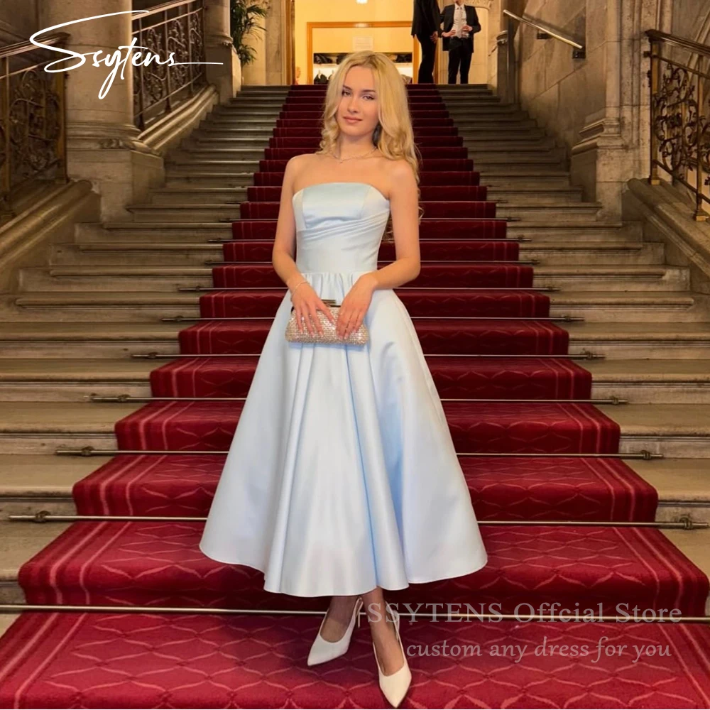 

SSYTENS Blue Special Occasion Prom Gowns Dresses A-Line Evening Dress Strapless For Girls Ankle Length Party Dresses Customized