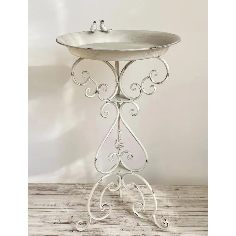 Vintage French Style Metal Plant Stand, White Distressed Finish, Decorative Bird Tray Top, Scrollwork Base, 42x42x75 cm