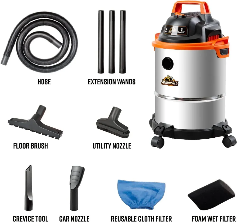 Aspiradora en seco y húmedo de 4 galones con motor de 3 HP, depósito de acero inoxidable, función de soplador y 10 accesorios