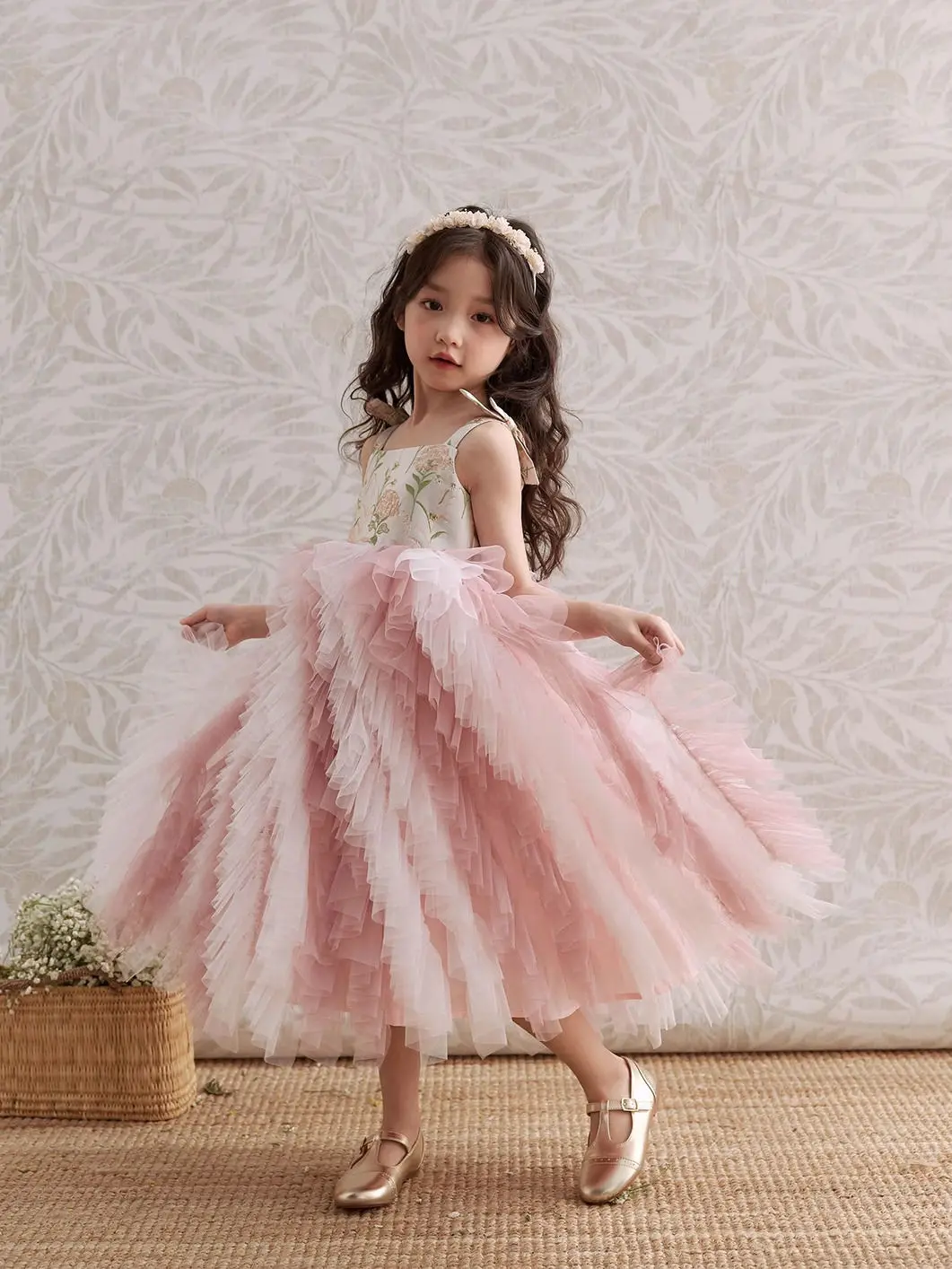 Baby Girl Autumn Spring Pink Shiny Lolita Layed Lace Princess Ball Gown Gauze Dress Birthday Holiday Party Eid Child Clothing