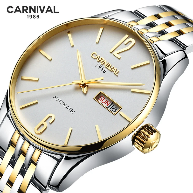 

Carnival Fashion Mechanical Watch for Men Luxury Stainless Steel Waterproof Week Calendar Business Mens Watches Montre Homme