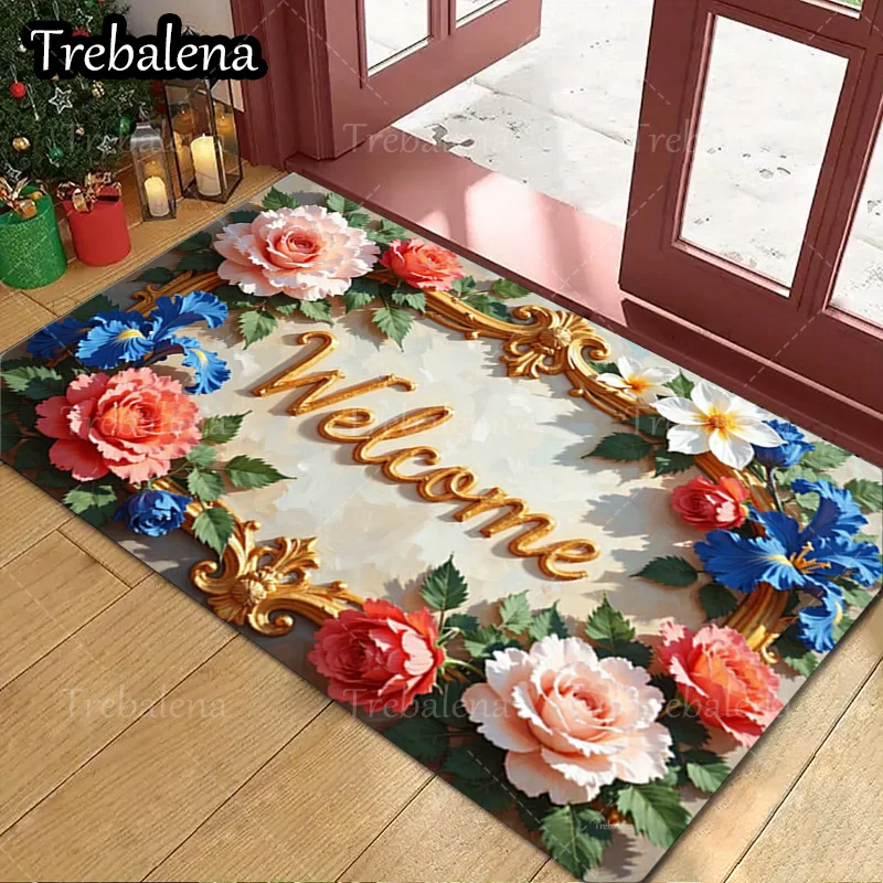 

1pc Welcome Door Mat Welcome Floral Mat with Rose and Lily Design for Home Decor