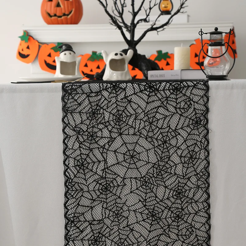 Halloween spider web Table Runner Black Hollow Out Lace Tablecloth for Halloween Party Table Home Decor Horror House Props