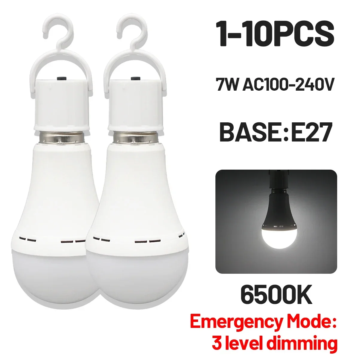 1-10PCS LED Rechargeable Bulb Light 7W 1500mAh Emergency E27 Bulb 220V for Home Power Outdoor Camping Failure Porch Garden Lamp