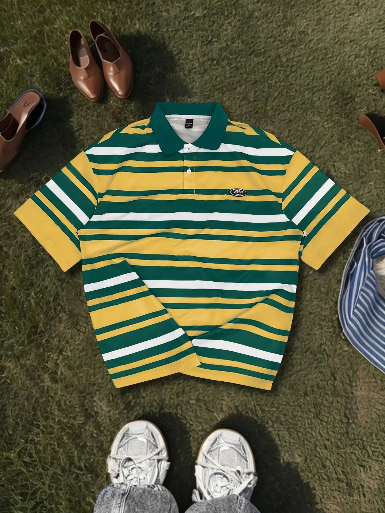 

Men's Loose Fit Striped Polo Shirt in Green, Yellow & White - Casual Short Sleeve for Summer