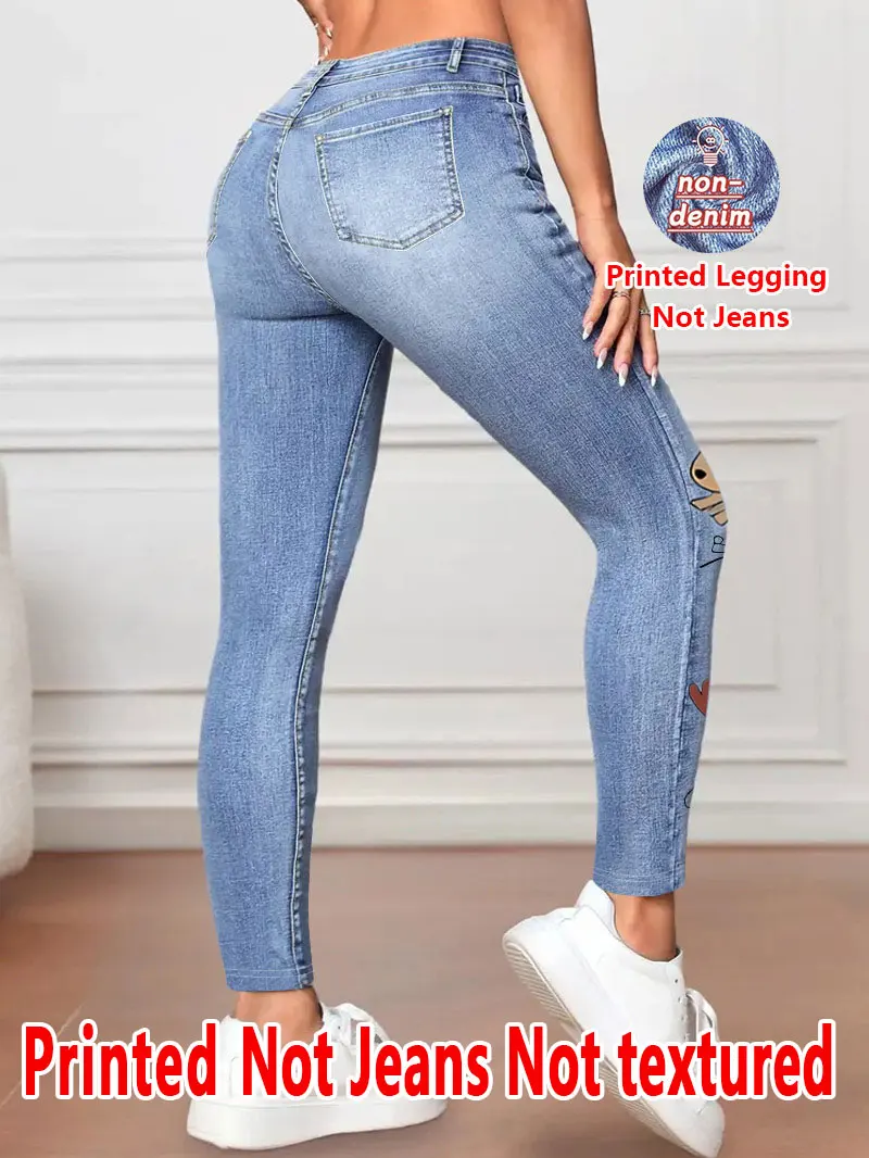 8463 Women's Printed Leggings Non-Faux Denim Fabric Three-Quarter Pants Casual Stretchy Wide Leg Trousers