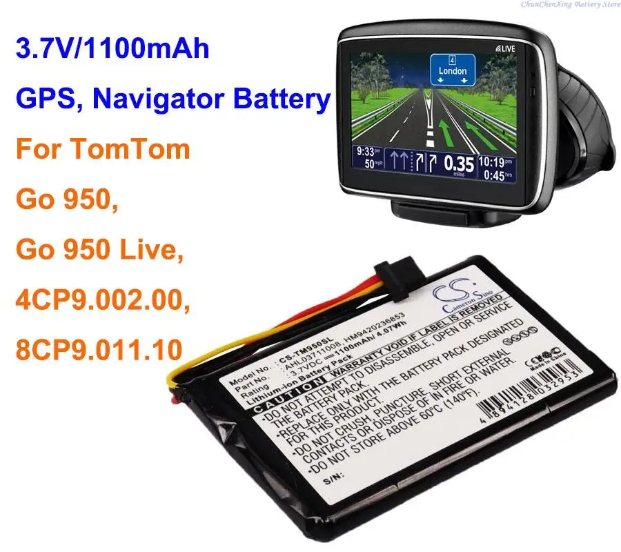 Cameron Sino 3.7V 1100mAh GPS, Navigator Battery AHL03711008 for TomTom Go 950, Go 950 Live, 4CP9.002.00, 8CP9.011.10 +TOOL