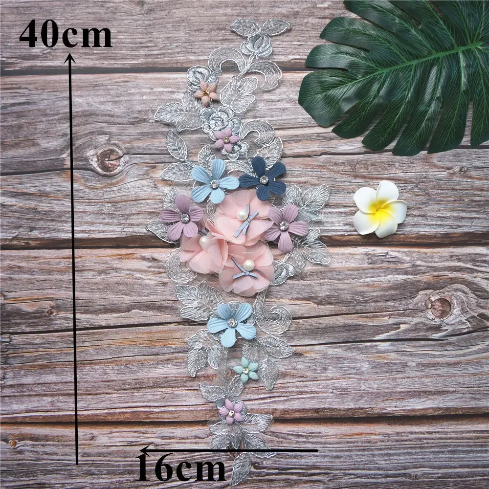 Grey Pink 3D Flowers Beads Rhinestone Lace Fabric Embroidered Wedding Gown Appliques Sew Patch For Dress DIY Decoration